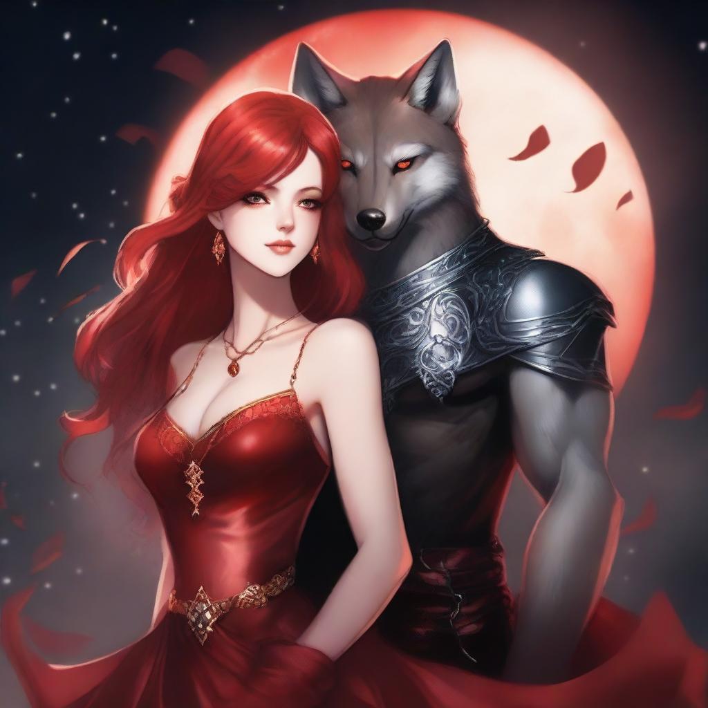 A striking female character with red hair and fiery eyes, draped in a shimmering red dress, is in an intense embrace with a dominant male lead who has amber eyes, exuding an alpha king aura