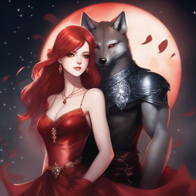 A striking female character with red hair and fiery eyes, draped in a shimmering red dress, is in an intense embrace with a dominant male lead who has amber eyes, exuding an alpha king aura