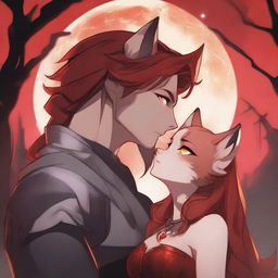 A striking female character with red hair and fiery eyes, draped in a shimmering red dress, is in an intense embrace with a dominant male lead who has amber eyes, exuding an alpha king aura