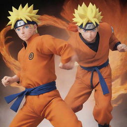 Naruto Uzumaki, in his orange jumpsuit and Goku, in his distinctive orange gi, involved in an intense battle, showcasing their unique powers, against a dynamic backdrop