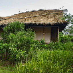 A traditional Assam-type house situated in the lush green landscape, complete with a slanted roof, bamboo walls, and surrounded by tropical plants.