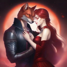 A striking female character with red hair and fiery eyes, draped in a shimmering red dress, is in an intense embrace with a dominant male lead who has amber eyes, exuding an alpha king aura