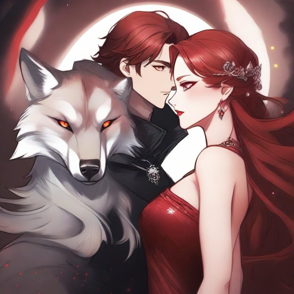 A striking female character with red hair and fiery eyes, draped in a shimmering red dress, is in an intense embrace with a ruthless male lead who has amber eyes