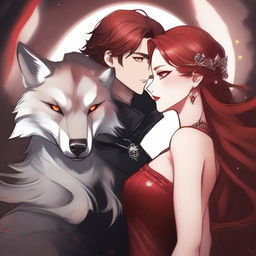 A striking female character with red hair and fiery eyes, draped in a shimmering red dress, is in an intense embrace with a ruthless male lead who has amber eyes