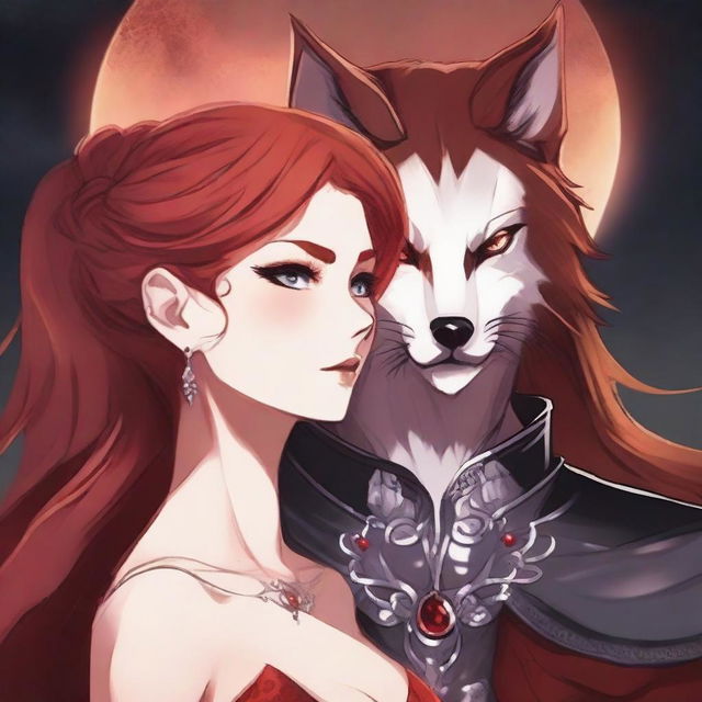 A striking female character with red hair and fiery eyes, draped in a shimmering red dress, is in an intense embrace with a ruthless male lead who has amber eyes