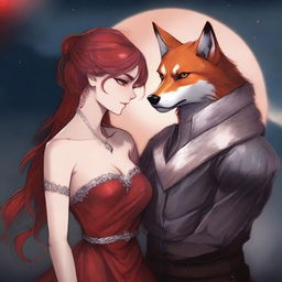 A striking female character with red hair and fiery eyes, draped in a shimmering red dress, is in an intense embrace with a ruthless male lead who has amber eyes