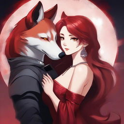 A striking female character with red hair and fiery eyes, draped in a shimmering red dress, is in an intense embrace with a ruthless male lead who has amber eyes