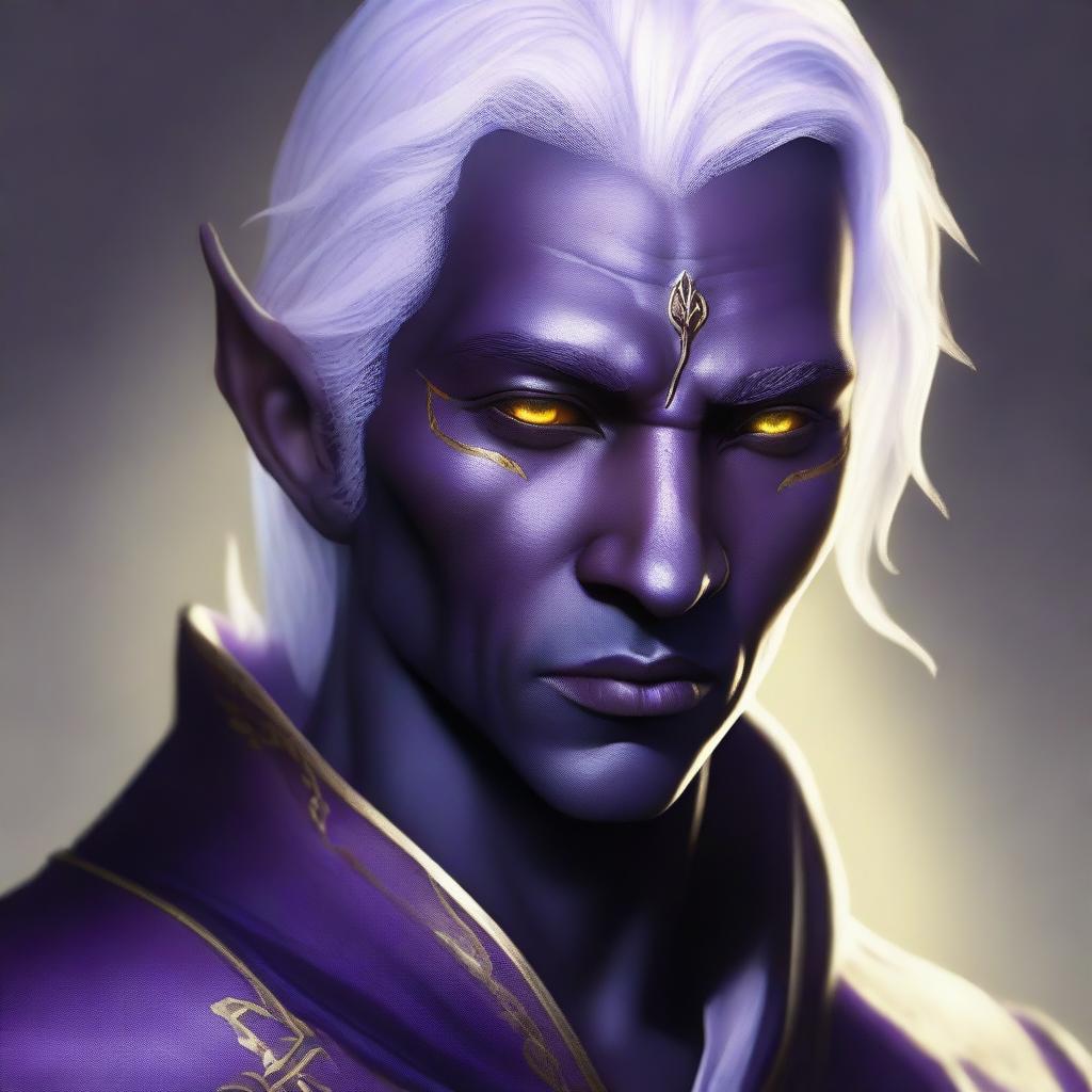 A detailed portrait of a half-elf drow male with yellow eyes, light purple skin, and short white hair and eyebrows