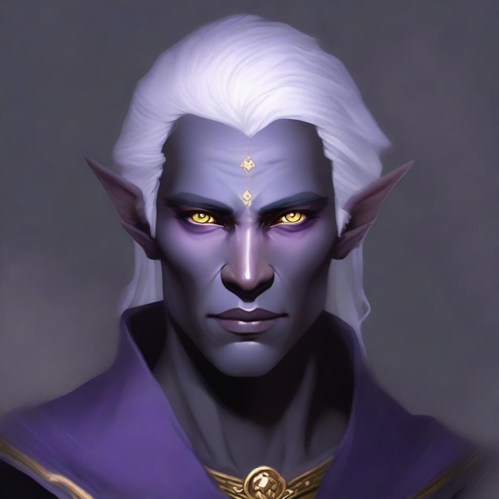 A detailed portrait of a half-elf drow male with yellow eyes, light purple skin, and short white hair and eyebrows