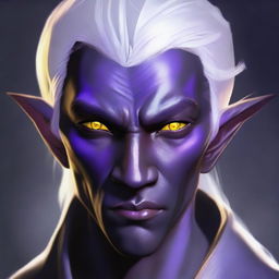 A detailed portrait of a half-elf drow male with yellow eyes, light purple skin, and short white hair and eyebrows