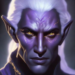 A detailed portrait of a half-elf drow male with yellow eyes, light purple skin, and short white hair and eyebrows