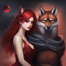 A realistic depiction of a female with red hair and fiery eyes, draped in a shimmering red dress, in an intense embrace with a male lead who appears like a ruthless leader with amber eyes