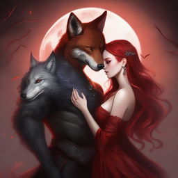 A realistic depiction of a female with red hair and fiery eyes, draped in a shimmering red dress, in an intense embrace with a male lead who appears like a ruthless leader with amber eyes