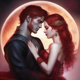 A realistic depiction of a female with red hair and fiery eyes, draped in a shimmering red dress, in an intense embrace with a male lead who appears like a ruthless leader with amber eyes