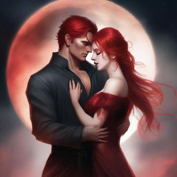 A realistic depiction of a female with red hair and fiery eyes, draped in a shimmering red dress, in an intense embrace with a male lead who appears like a ruthless leader with amber eyes