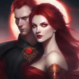 A realistic depiction of a female with red hair and fiery eyes, draped in a shimmering red dress, in an intense embrace with a male lead who appears like a ruthless leader with amber eyes