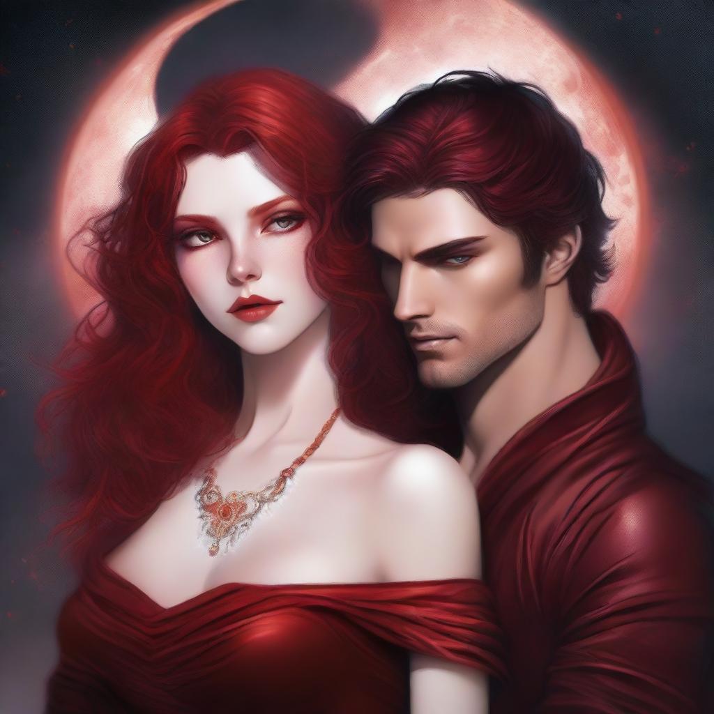 A realistic depiction of a female with red hair and fiery eyes, draped in a shimmering red dress, in an intense embrace with a handsome male lead who appears like a ruthless leader with dark hair and amber eyes