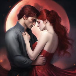 A realistic depiction of a female with red hair and fiery eyes, draped in a shimmering red dress, in an intense embrace with a handsome male lead who appears like a ruthless leader with dark hair and amber eyes