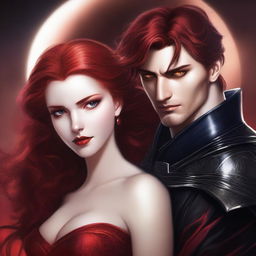 A realistic depiction of a female with red hair and fiery eyes, draped in a shimmering red dress, in an intense embrace with a handsome male lead who appears like a ruthless leader with dark hair and amber eyes