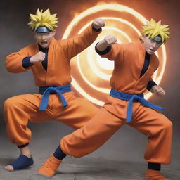 Naruto Uzumaki, in his orange jumpsuit and Goku, in his distinctive orange gi, involved in an intense battle, showcasing their unique powers, against a dynamic backdrop