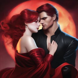 A realistic depiction of a female with red hair and fiery eyes, draped in a shimmering red dress, in an intense embrace with a handsome male lead who appears like a ruthless leader with dark hair and amber eyes