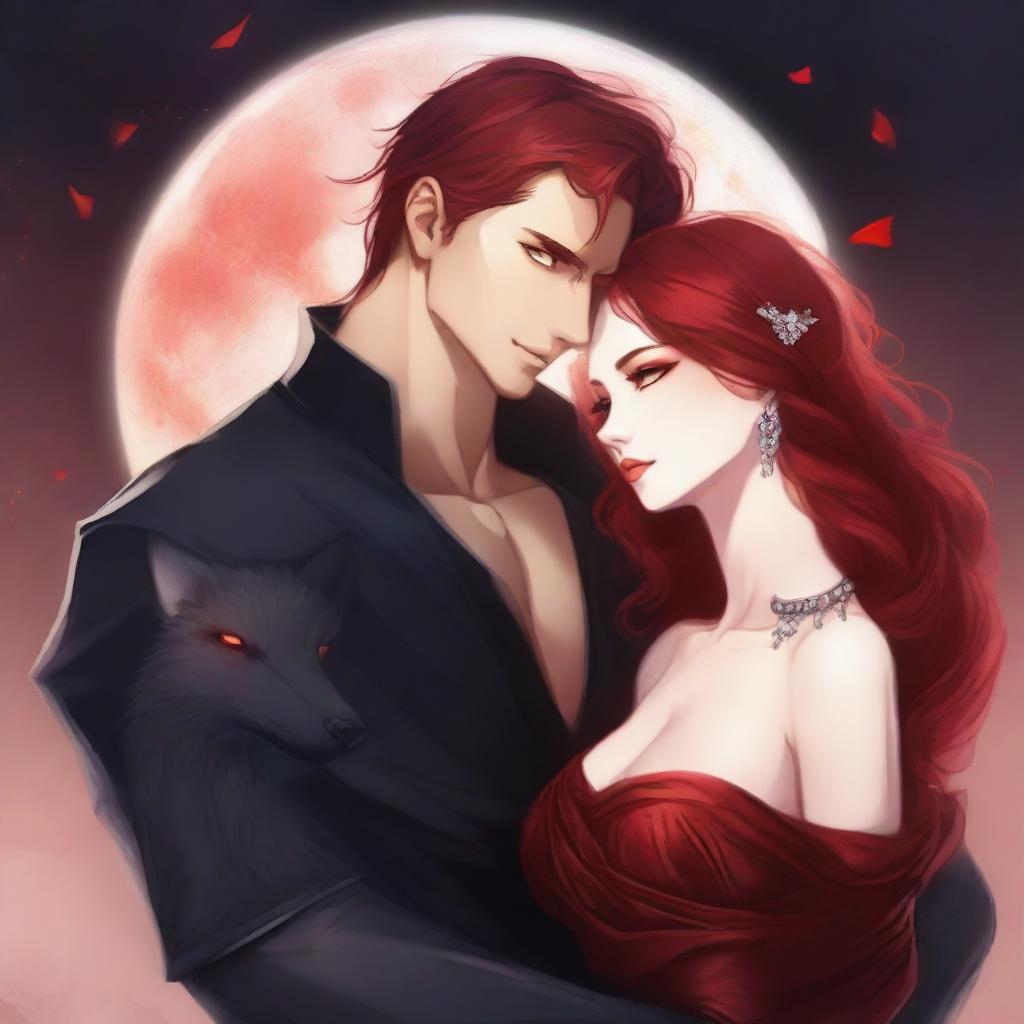 A beautiful and innocent-looking female with red hair and fiery eyes, draped in a shimmering red dress, is in an intense embrace with a handsome but ruthless male lead with amber eyes