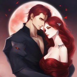 A beautiful and innocent-looking female with red hair and fiery eyes, draped in a shimmering red dress, is in an intense embrace with a handsome but ruthless male lead with amber eyes