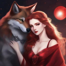 A beautiful and innocent-looking female with red hair and fiery eyes, draped in a shimmering red dress, is in an intense embrace with a handsome but ruthless male lead with amber eyes