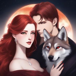 A beautiful and innocent-looking female with red hair and fiery eyes, draped in a shimmering red dress, is in an intense embrace with a handsome but ruthless male lead with amber eyes