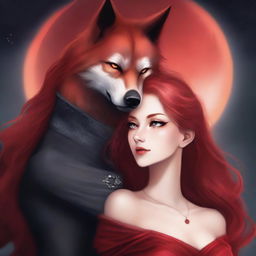 A beautiful and innocent-looking female with red hair and fiery eyes, draped in a shimmering red dress, is in an intense embrace with a handsome but ruthless male lead with amber eyes