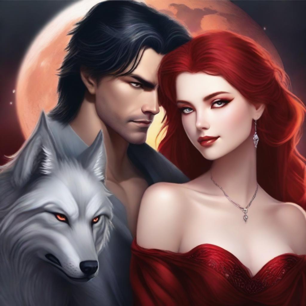 A very attractive female with red hair and fiery eyes, draped in a shimmering red dress, is in an intense embrace with a handsome but ruthless male lead with black hair and amber eyes