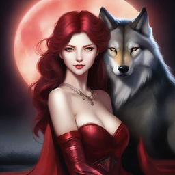 A very attractive female with red hair and fiery eyes, draped in a shimmering red dress, is in an intense embrace with a handsome but ruthless male lead with black hair and amber eyes