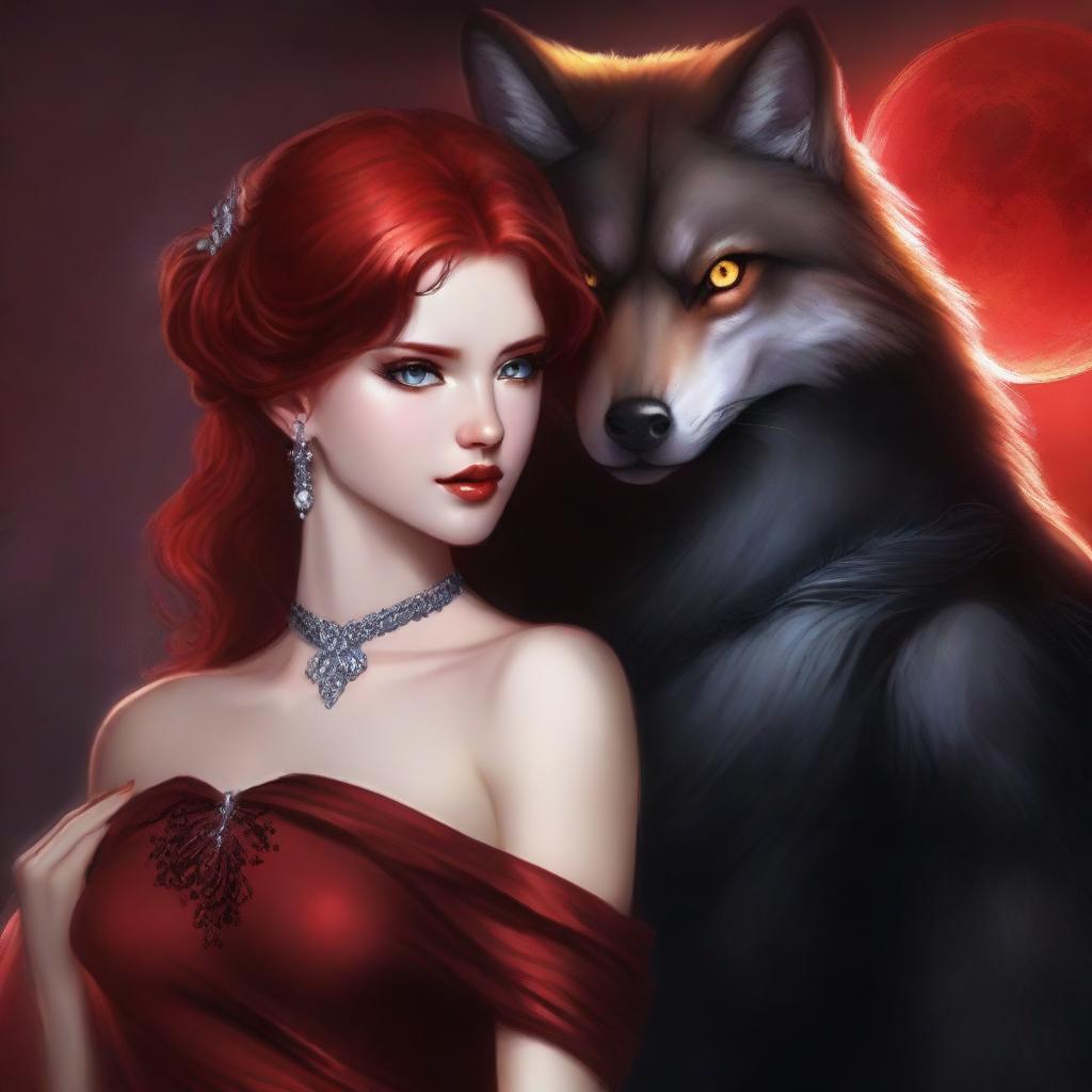 A very attractive female with red hair and fiery eyes, draped in a shimmering red dress, is in an intense embrace with a handsome but ruthless male lead with black hair and amber eyes