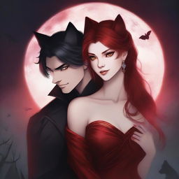 A very attractive female with red hair and fiery eyes, draped in a shimmering red dress, is in an intense embrace with a handsome but ruthless male lead with black hair and amber eyes