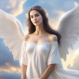 A beautiful woman depicted as an angel with radiant wings, a flowing white gown, and a serene expression