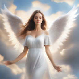 A beautiful woman depicted as an angel with radiant wings, a flowing white gown, and a serene expression