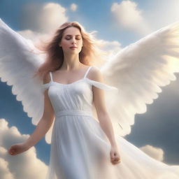 A beautiful woman depicted as an angel with radiant wings, a flowing white gown, and a serene expression