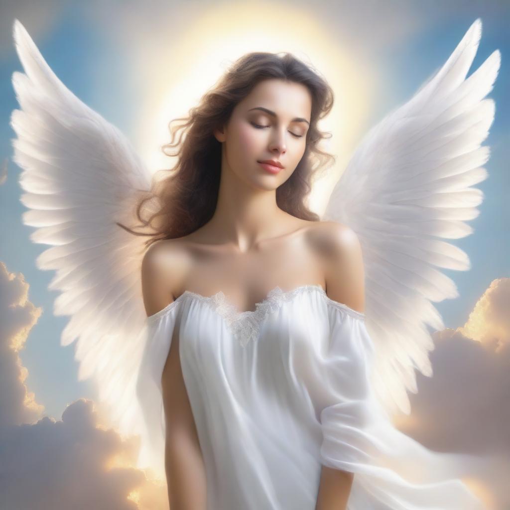 A beautiful woman depicted as an angel with radiant wings, a flowing white gown, and a serene expression