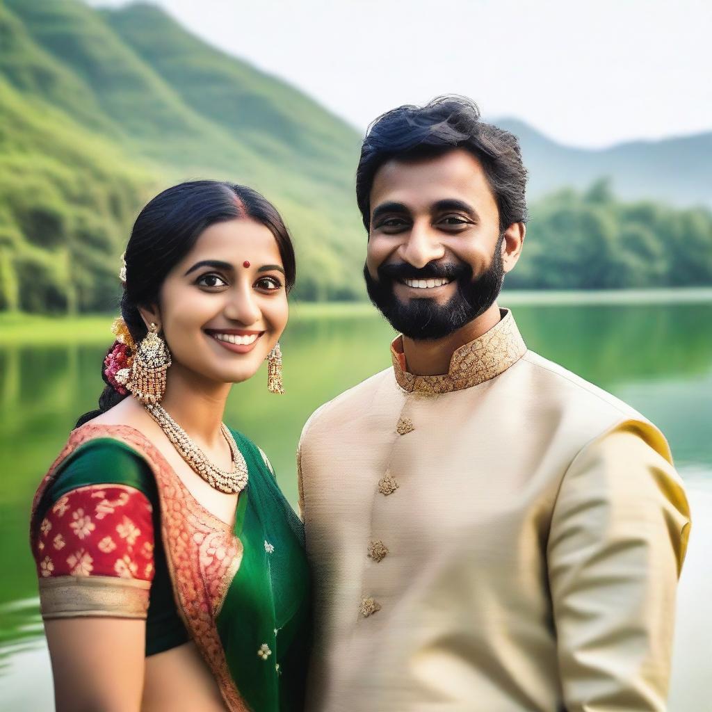 A charming Indian couple taking a selfie near a serene lake