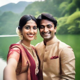 A charming Indian couple taking a selfie near a serene lake