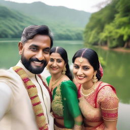 A charming Indian couple taking a selfie near a serene lake