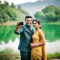 A charming Indian couple taking a selfie near a serene lake