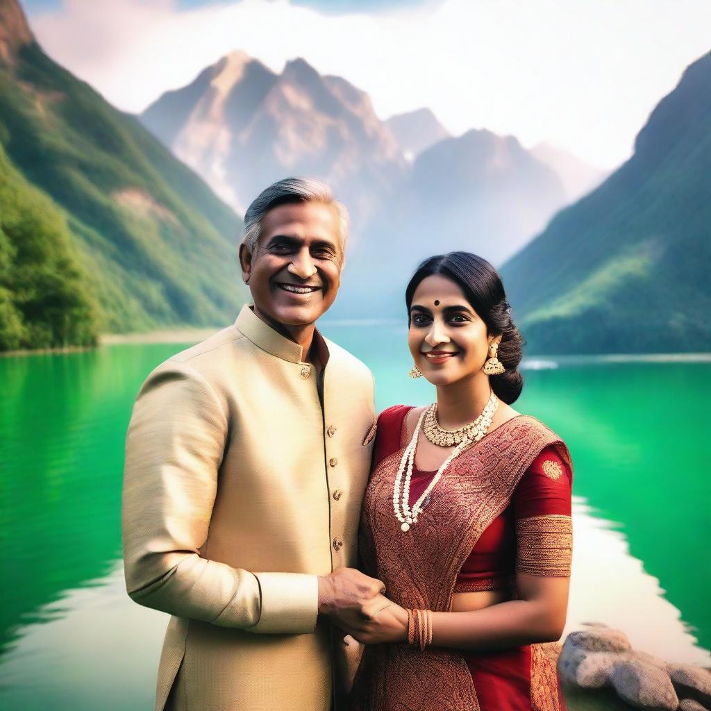 A realistic selfie of an Indian couple standing near a serene lake