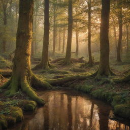 A mystical forest at sunset, bathed in golden light. The scene is dotted with a variety of lush trees and a babbling brook, with shy woodland creatures peeking out from behind the tree trunks.