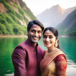 A realistic selfie of an Indian couple standing near a serene lake