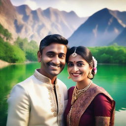 A realistic selfie of an Indian couple standing near a serene lake