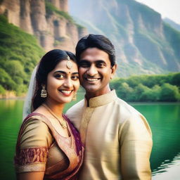 A realistic selfie of an Indian couple standing near a serene lake