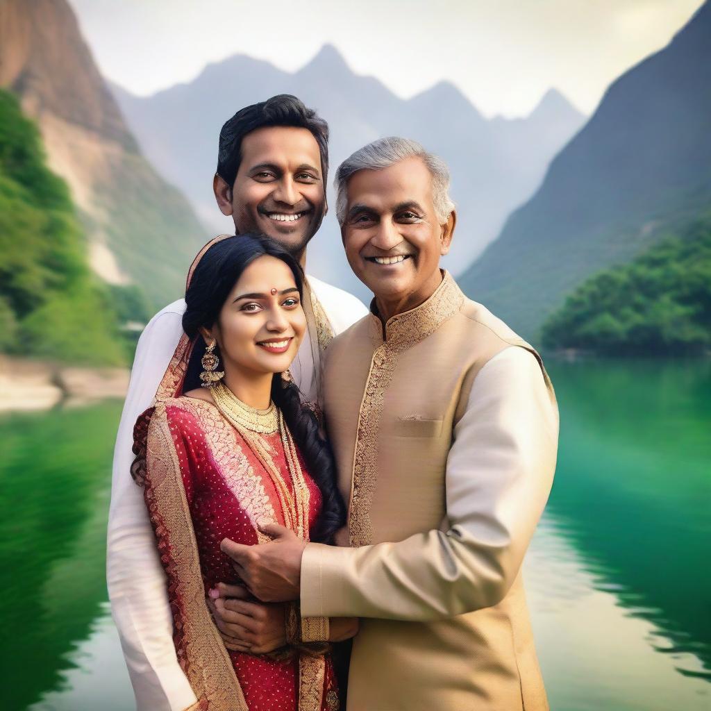 A hyper-realistic selfie of an Indian couple standing near a serene lake