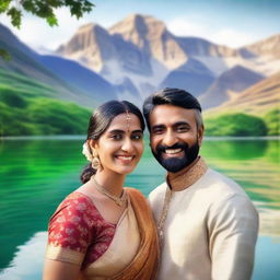 A hyper-realistic selfie of an Indian couple standing near a serene lake