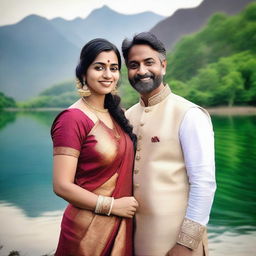 A hyper-realistic selfie of an Indian couple standing near a serene lake